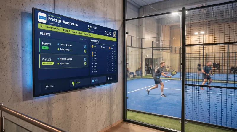 Live-Spielstand auf einem an der Wand montierten TV neben einem Indoor-Padelplatz