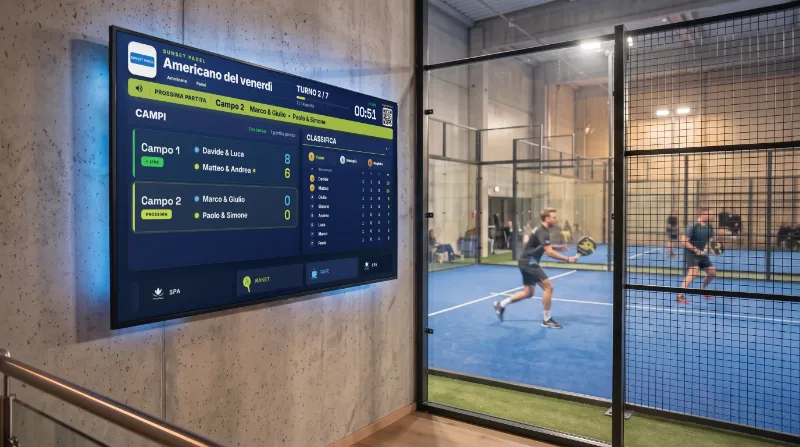 Punteggio live su un TV a parete accanto a un campo da padel indoor