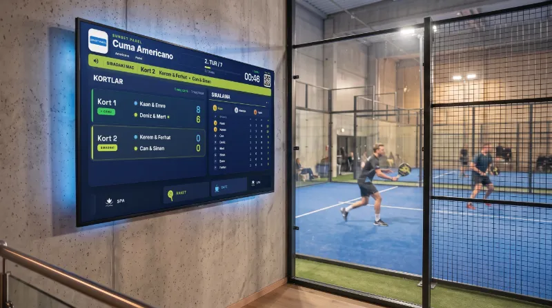 Kapalı padel kortunun yanında duvara monte TV’de canlı skor