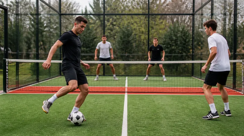 Match de padbol en double sur un court vitré, le joueur de devant contrôle un ballon de l’intérieur du pied