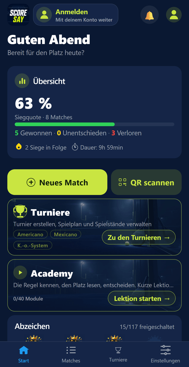 Startbildschirm: Siegquote, Zähler für Siege, Unentschieden und Niederlagen sowie die Schaltfläche Neues Match