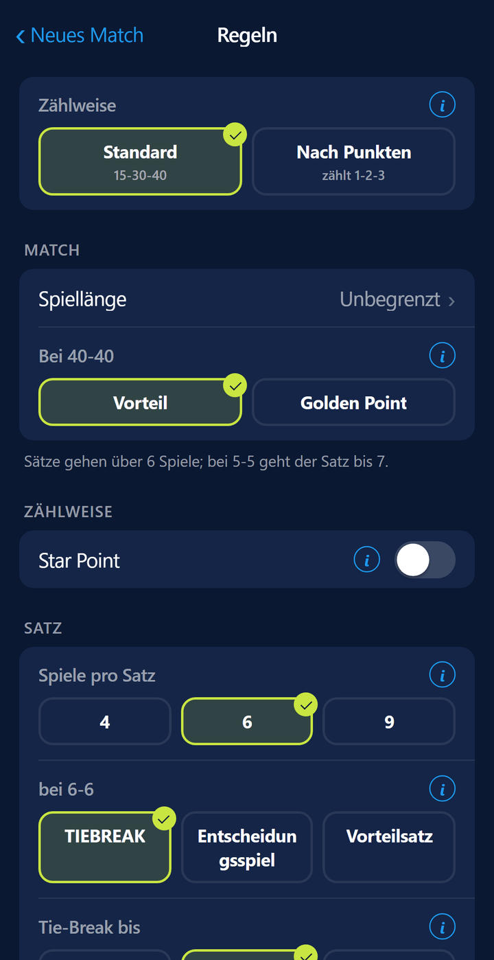 Regelbildschirm: Optionen für Golden Point und Tiebreak