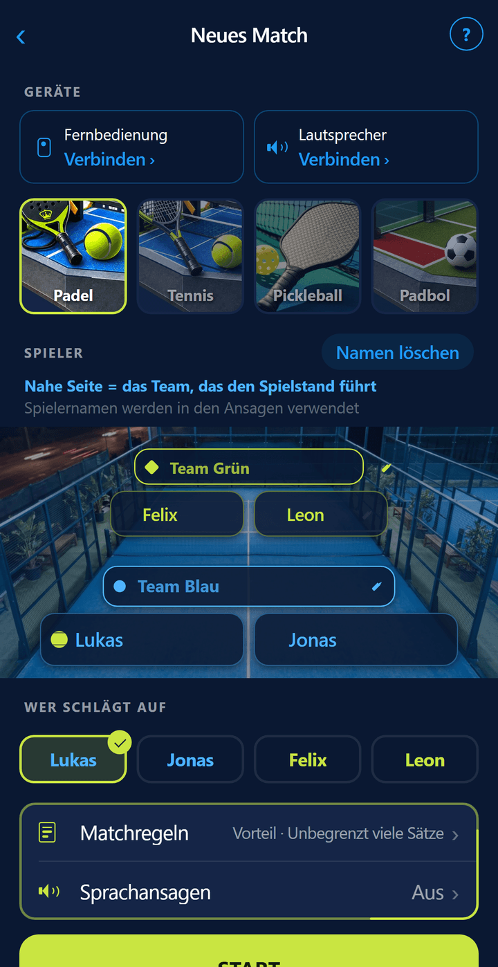 Einrichtungsbildschirm: Spielernamen und Auswahl, wer zuerst aufschlägt