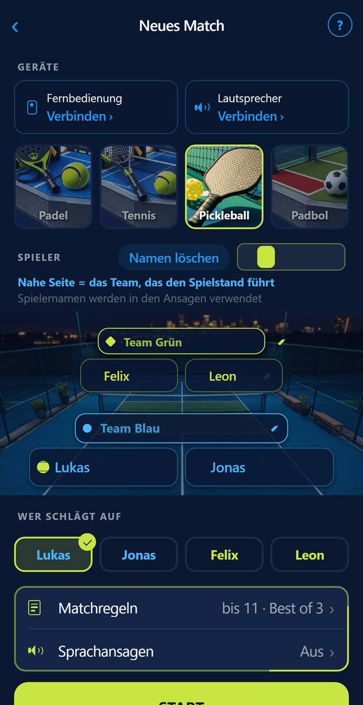 Einrichtungsbildschirm mit Pickleball: Pickleball-Platz, Spielernamen und die Regel &bdquo;11 Punkte · 2 aus 3&ldquo;