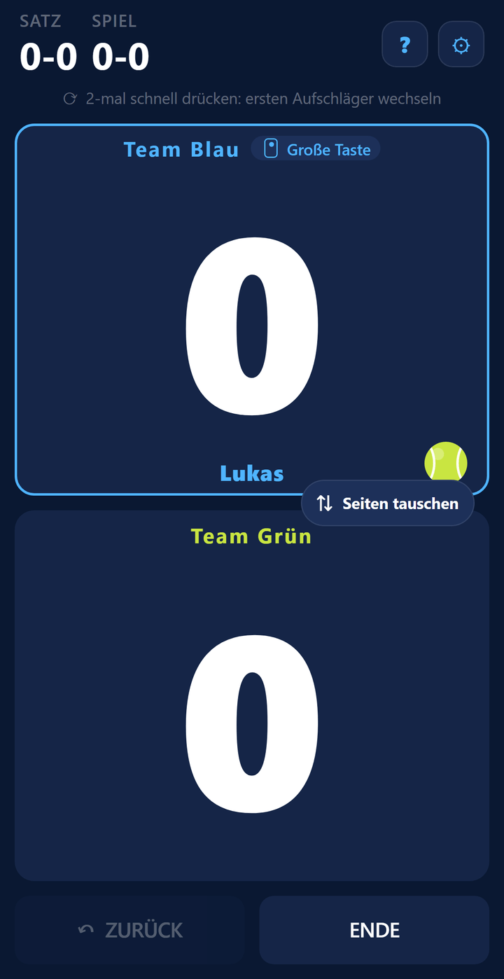 Spielstandbildschirm: Punkte von Team Blau und Team Grün mit der Aufschlaganzeige