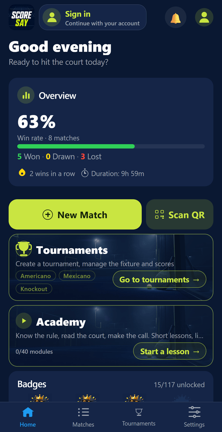 Home screen: win rate, won-drawn-lost counts and the New Match button