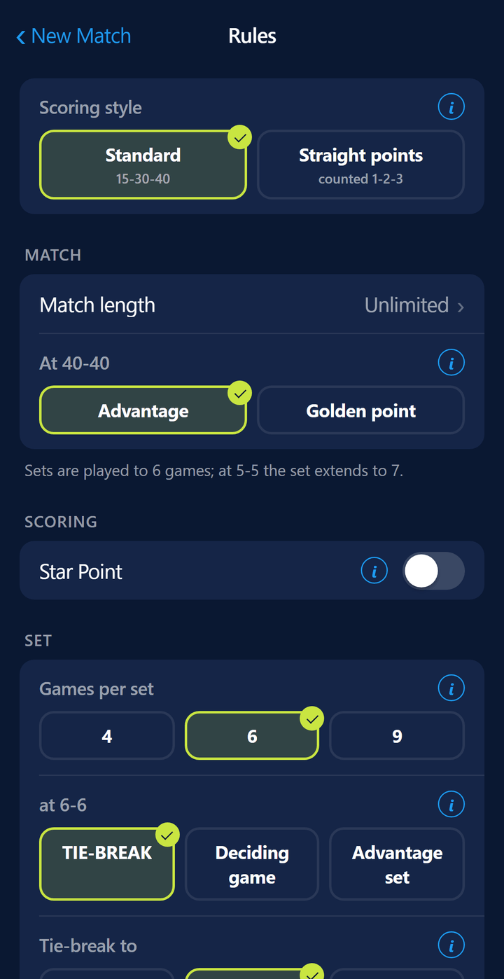 Rules screen: golden point and tie-break options