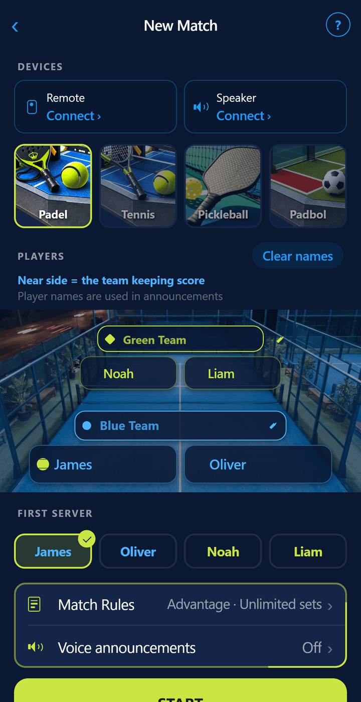 Setup screen: player names and choosing who serves first