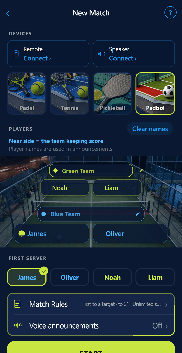 Setup screen with Padbol selected: turf padbol court, player names and the first-to-21 rule