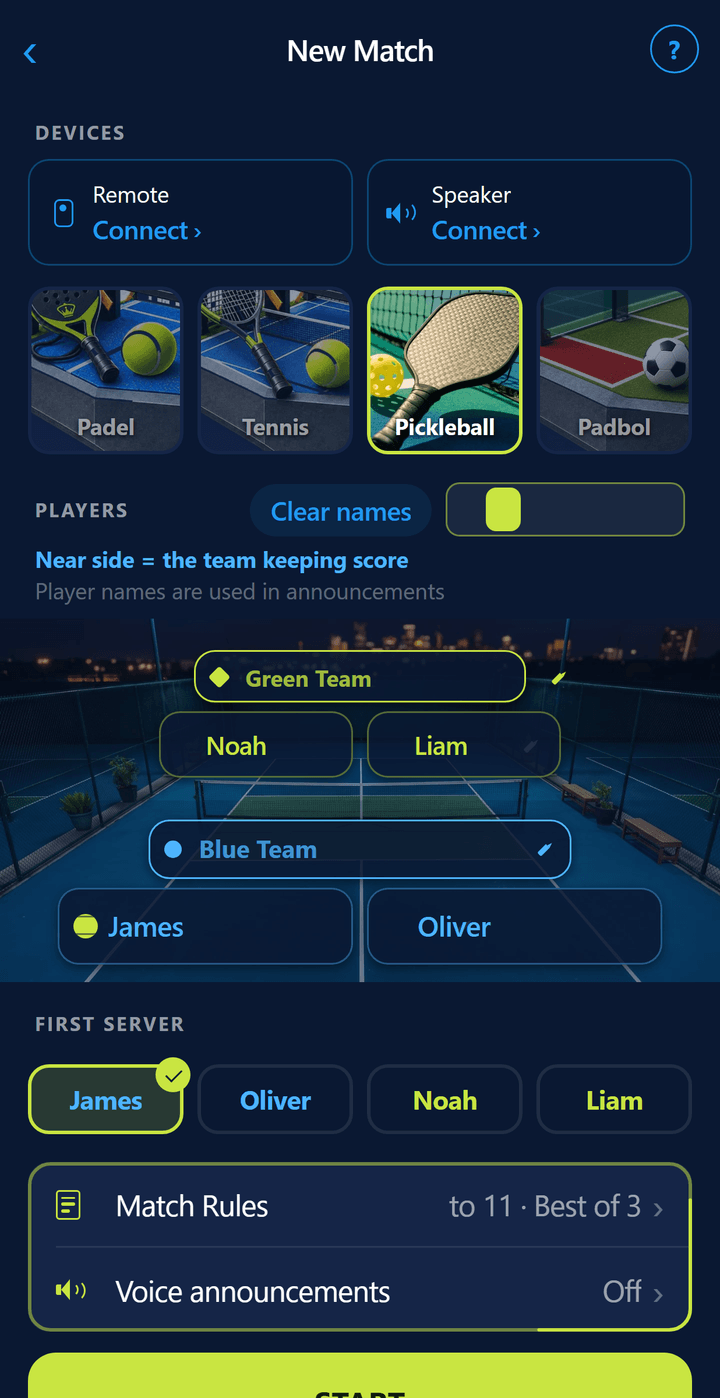 Setup screen with Pickleball selected: pickleball court, player names and the “11 points · best of 3” rule