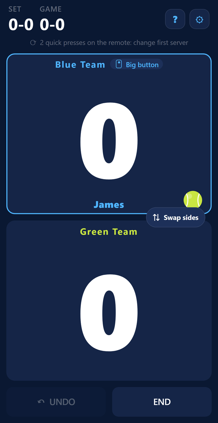 Score screen: Blue team and Green team points with the serve indicator