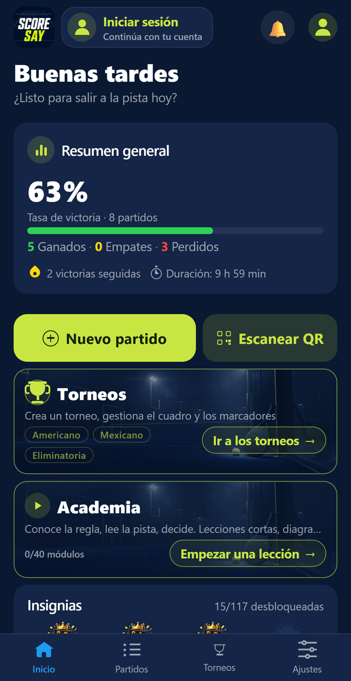 Pantalla de inicio: porcentaje de victorias, ganados-empatados-perdidos y el botón Nuevo partido