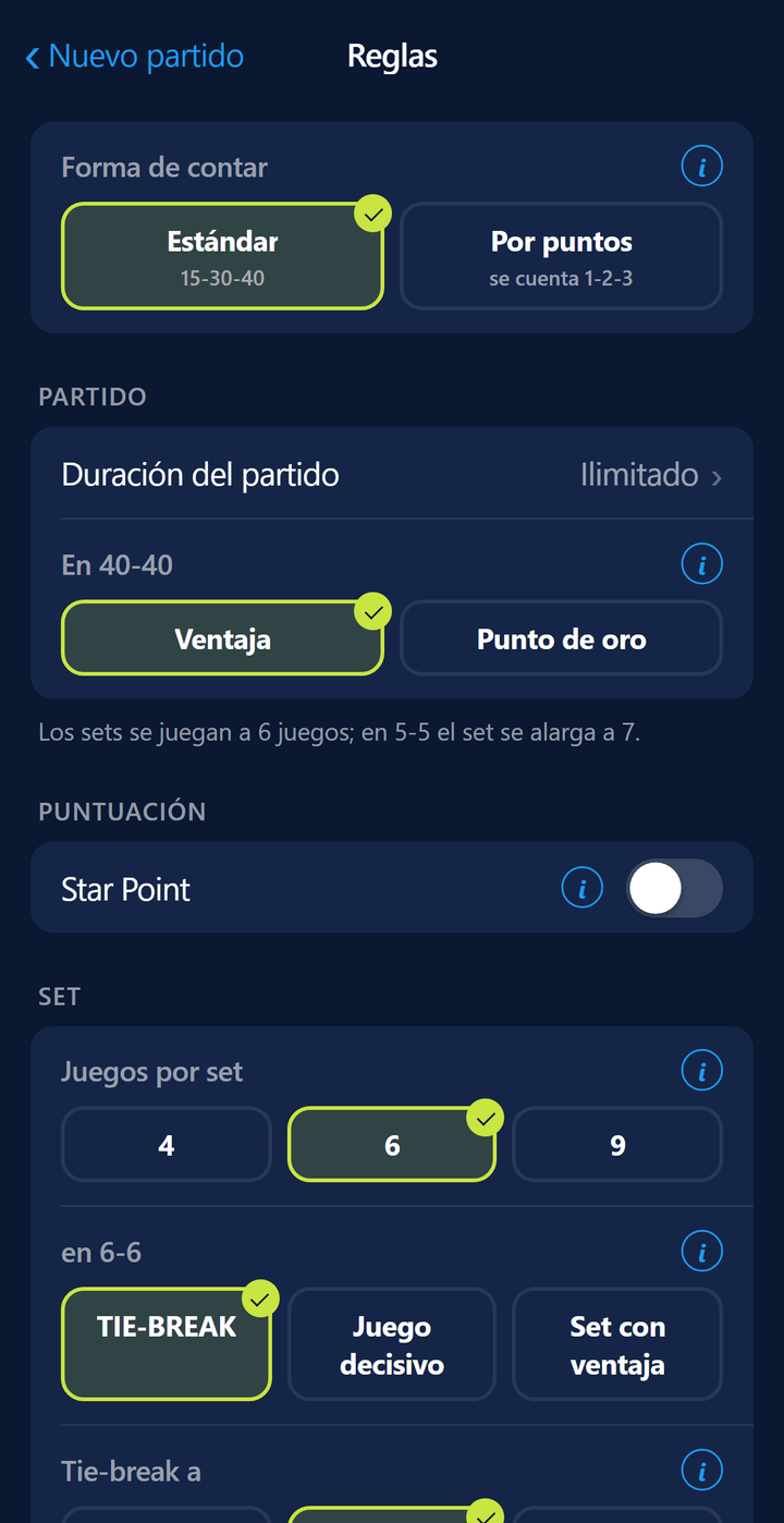 Pantalla de reglas: punto de oro y opciones de tie-break