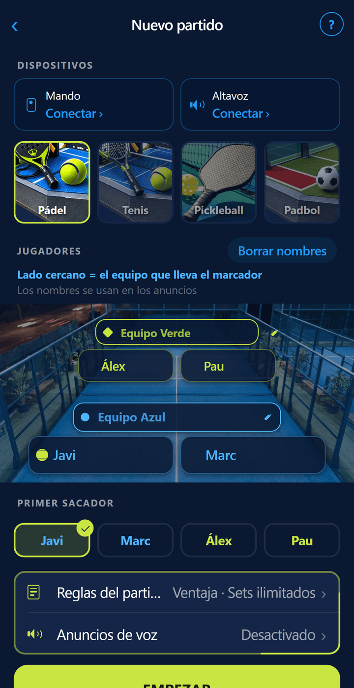Pantalla de configuración: nombres de los jugadores y elección de quién saca primero
