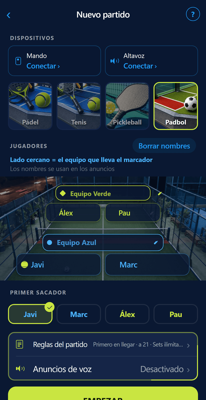 Pantalla de configuración con Padbol elegido: pista de padbol de césped, nombres de los jugadores y la regla de primero en llegar a 21