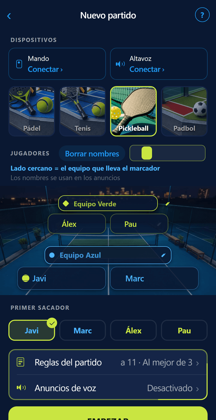 Pantalla de configuración con Pickleball elegido: pista de pickleball, nombres de los jugadores y la regla &laquo;11 puntos · mejor de 3&raquo;