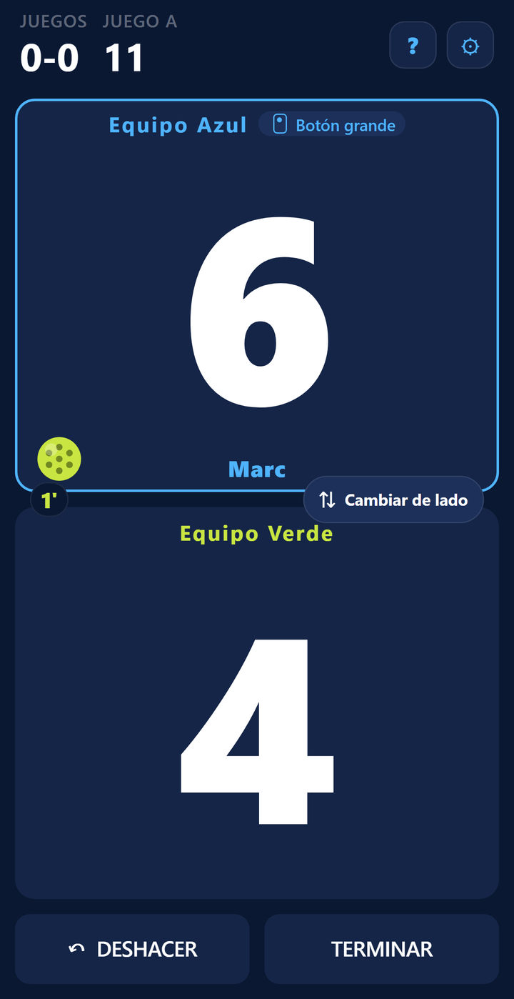 Marcador de pickleball: equipo Azul 6, equipo Verde 4; saca el equipo Azul