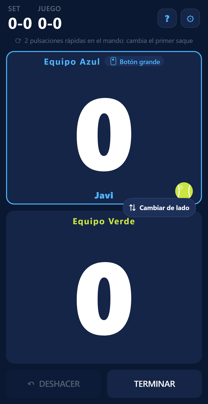 Pantalla de marcador: puntos del equipo Azul y del equipo Verde con el indicador de saque