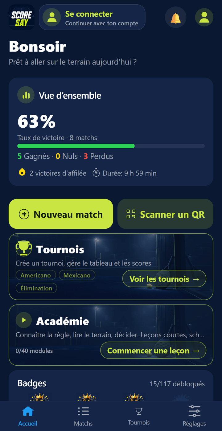 Écran d’accueil : taux de victoire, victoires-nuls-défaites et le bouton Nouveau match