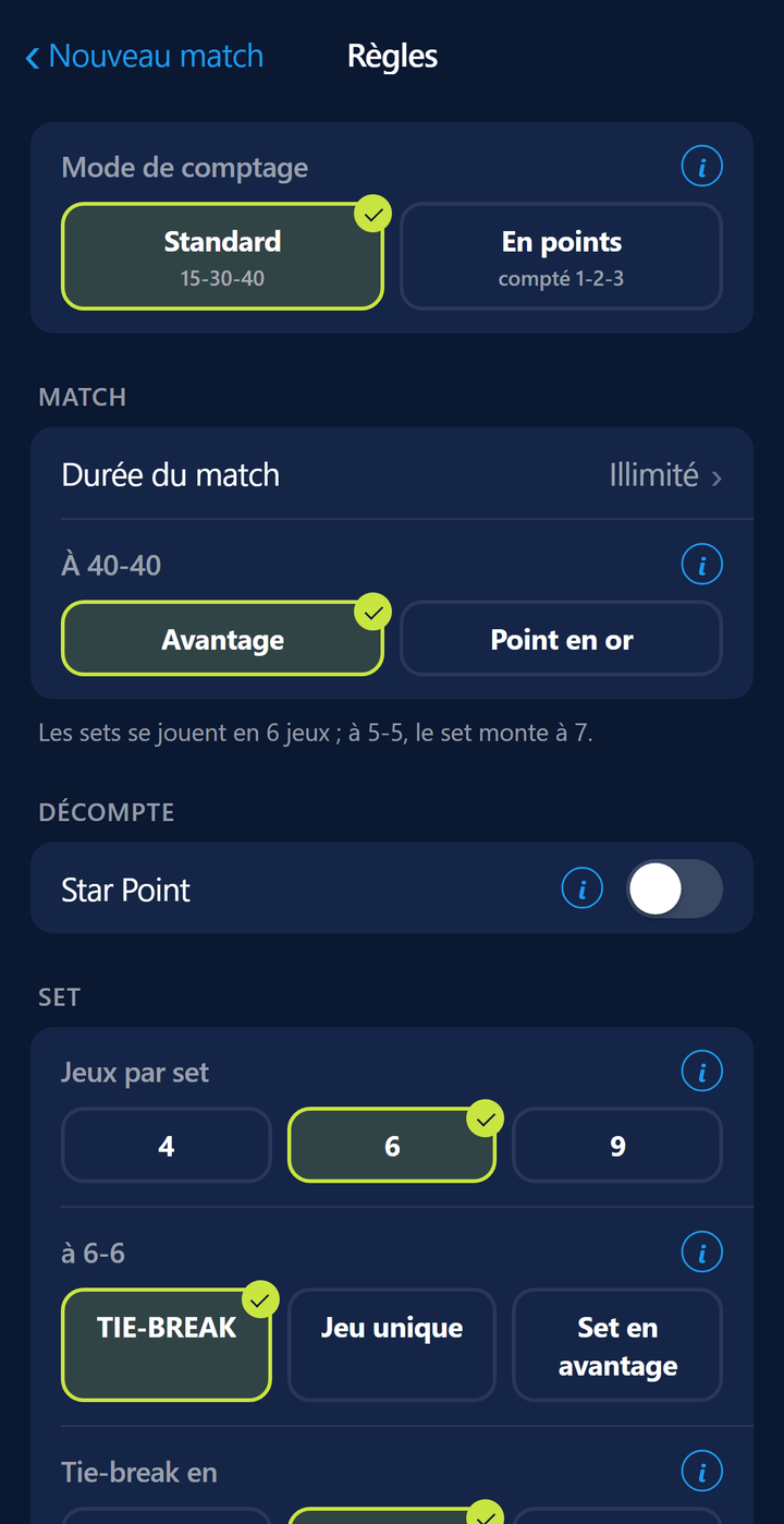 Écran des règles : point en or et options de tie-break