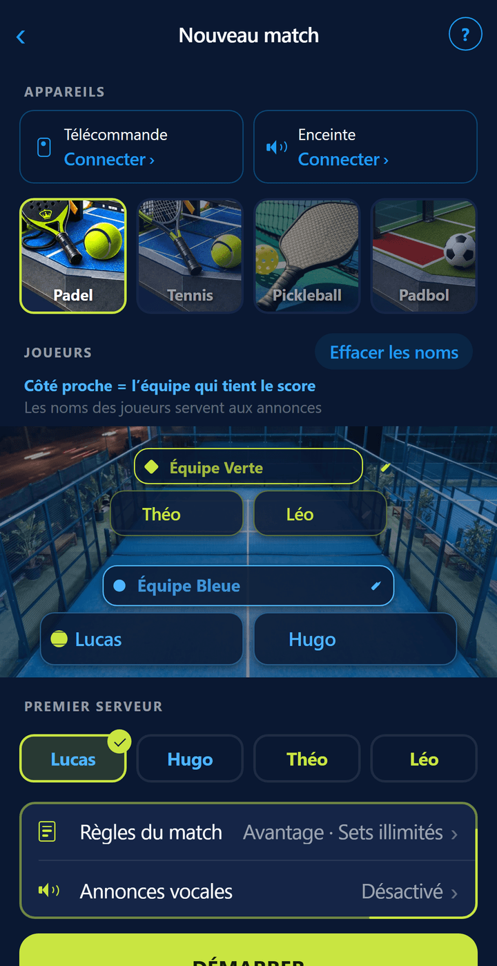 Écran de configuration : noms des joueurs et choix du premier serveur
