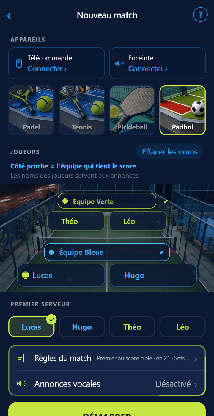 Écran de configuration avec Padbol sélectionné&nbsp;: court de padbol en gazon, noms des joueurs et règle du premier à 21 points