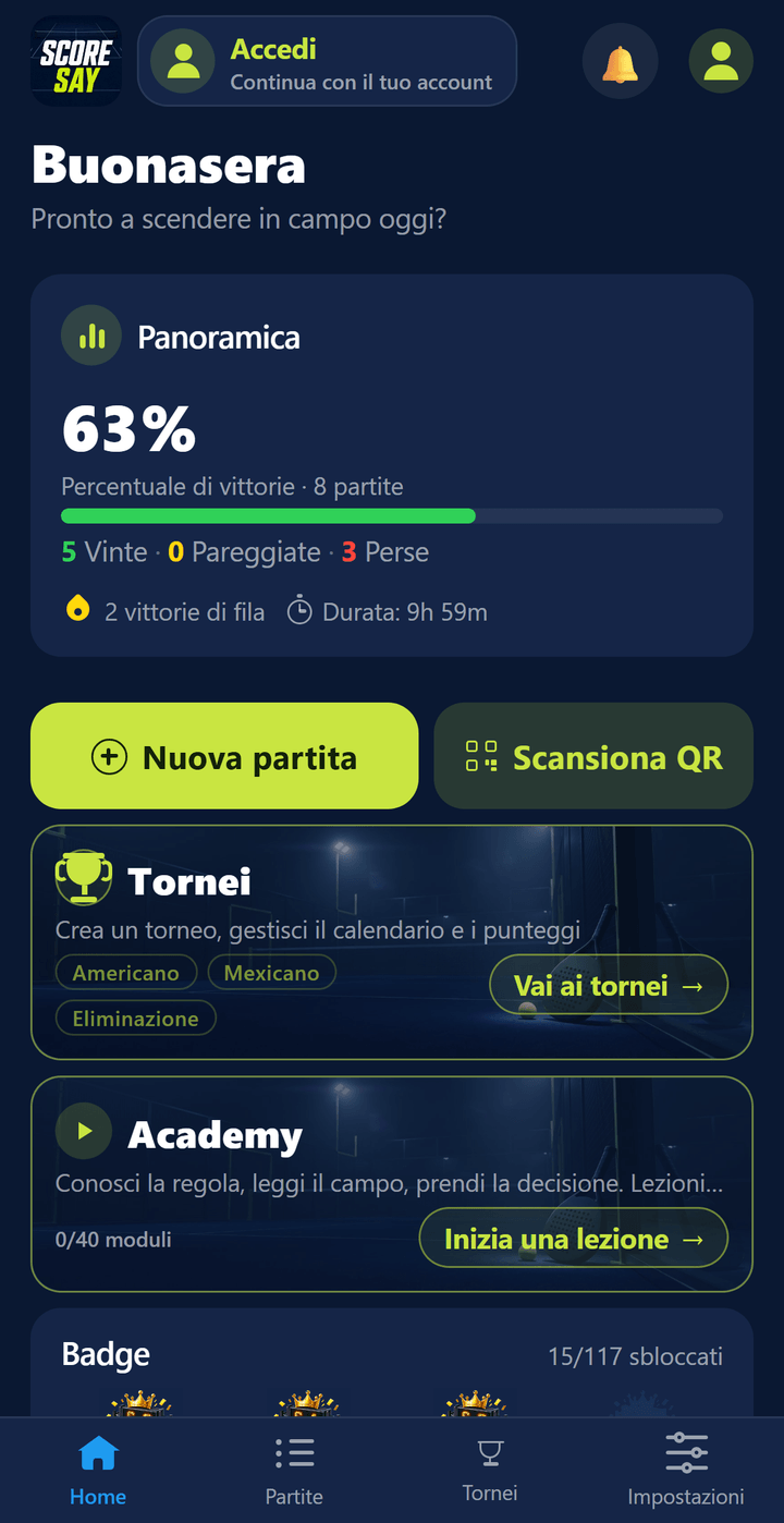 Schermata iniziale: percentuale di vittorie, conteggio vinte-pareggiate-perse e il pulsante Nuova partita
