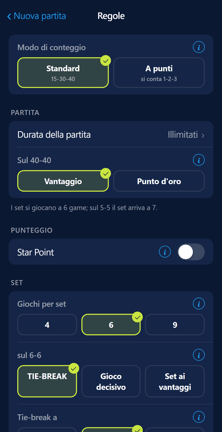 Schermata delle regole: opzioni punto d'oro e tie-break