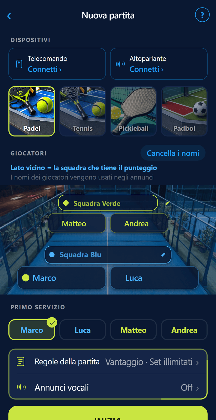 Schermata di configurazione: nomi dei giocatori e scelta di chi serve per primo