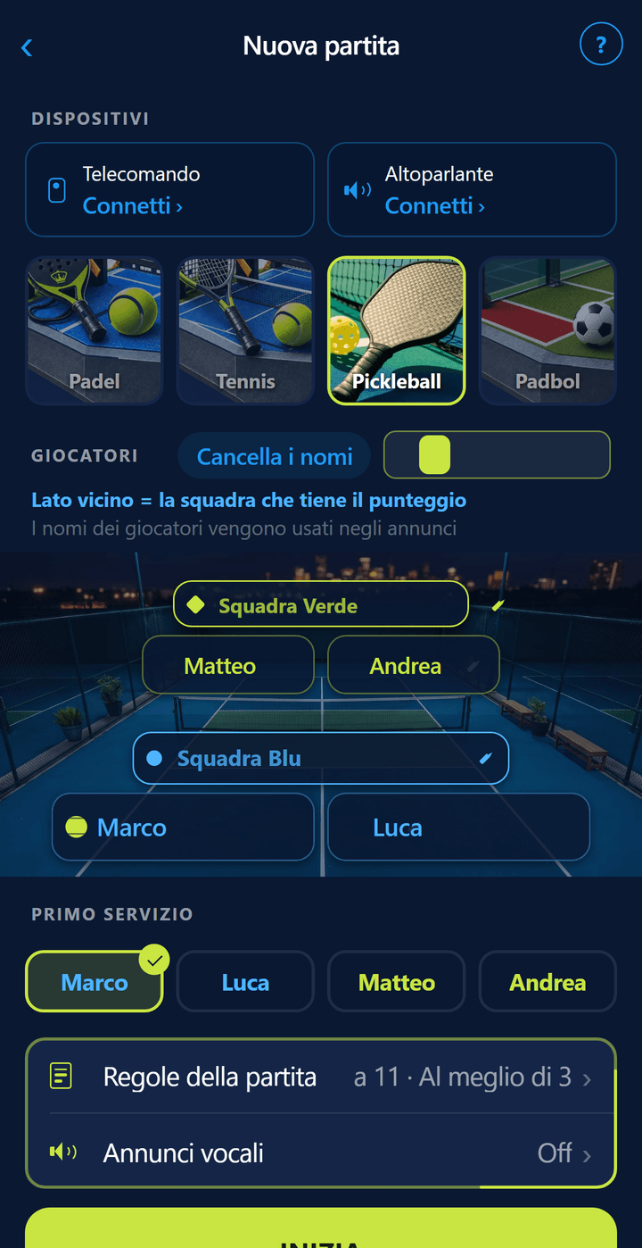 Schermata di configurazione con Pickleball selezionato: campo da pickleball, nomi dei giocatori e la regola &laquo;11 punti · 2 game su 3&raquo;