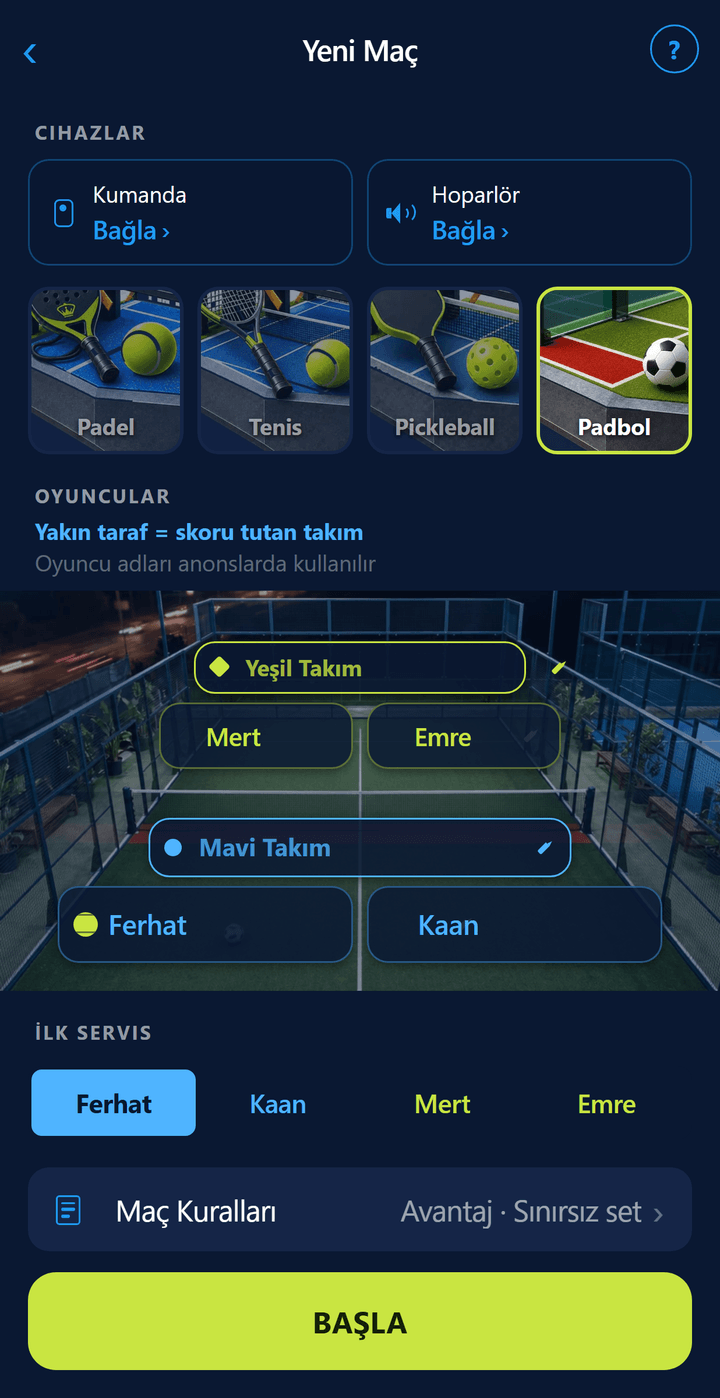 Kurulum ekranında Padbol seçili: çim padbol kortu, oyuncu adları ve avantaj kuralı