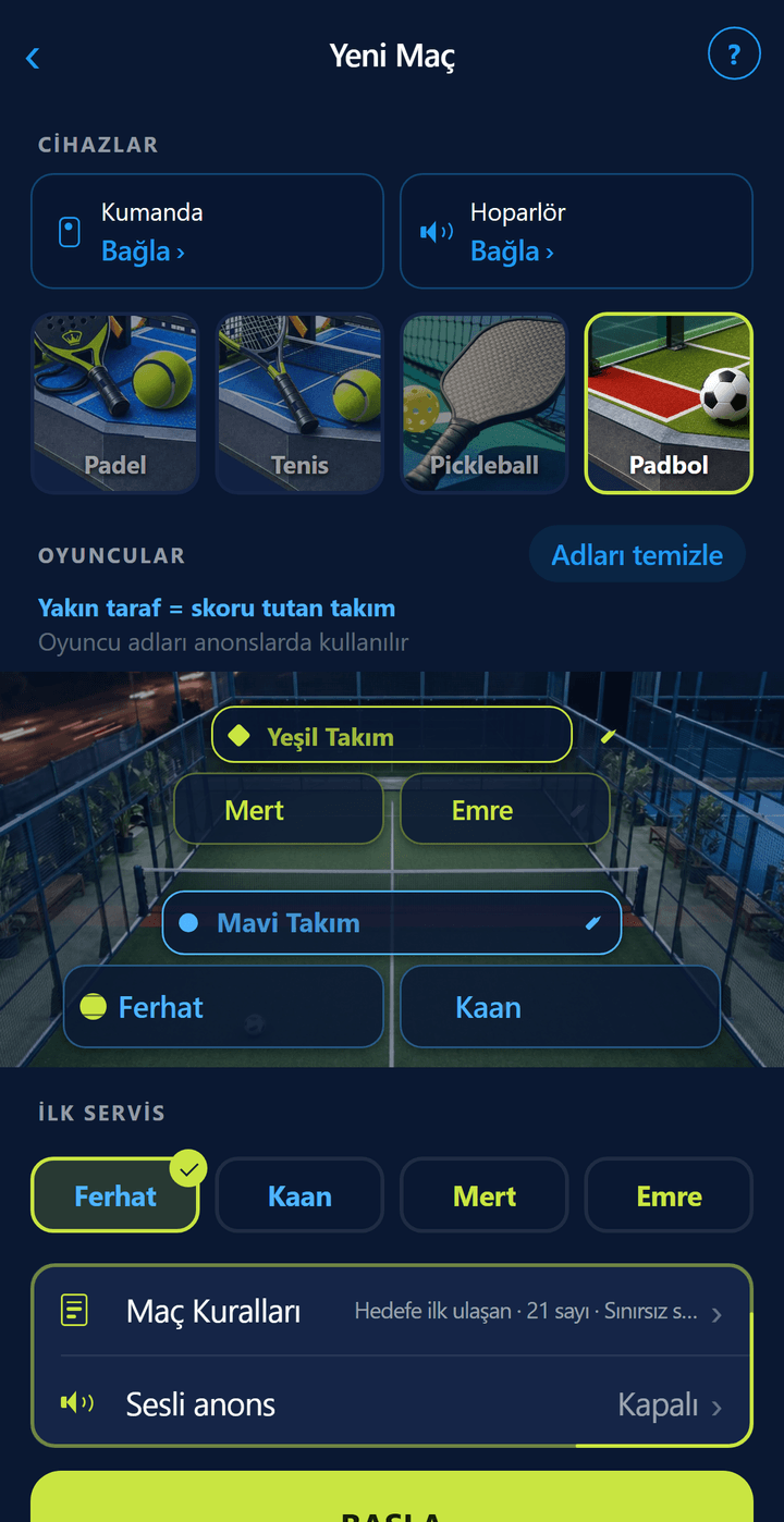 Kurulum ekranında Padbol seçili: çim padbol kortu, oyuncu adları ve 21 sayıya ilk ulaşan kuralı