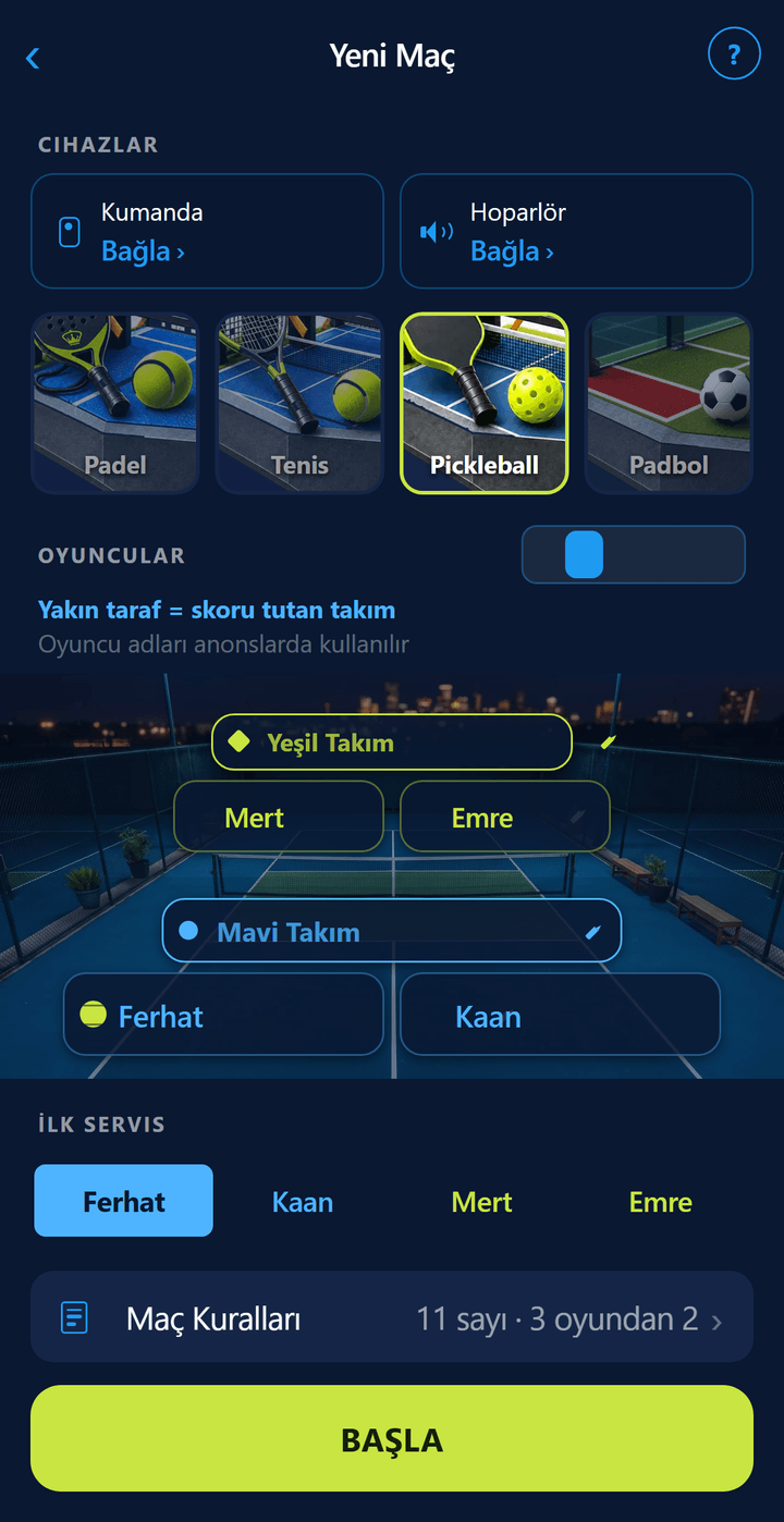 Kurulum ekranında Pickleball seçili: pickleball kortu, oyuncu adları ve “11 sayı · 3 oyundan 2” kuralı