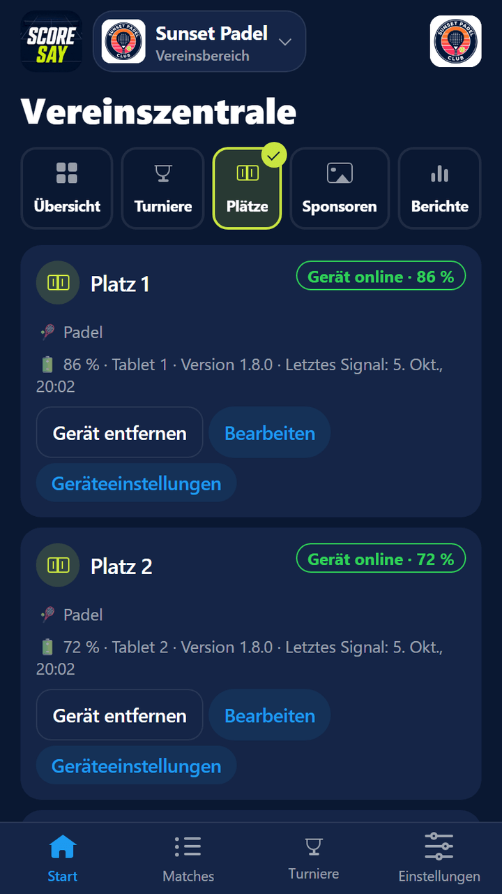 Reiter Plätze: Abzeichen Gerät verbunden, Akkustand, Version und Uhrzeit des letzten Signals für jeden Platz