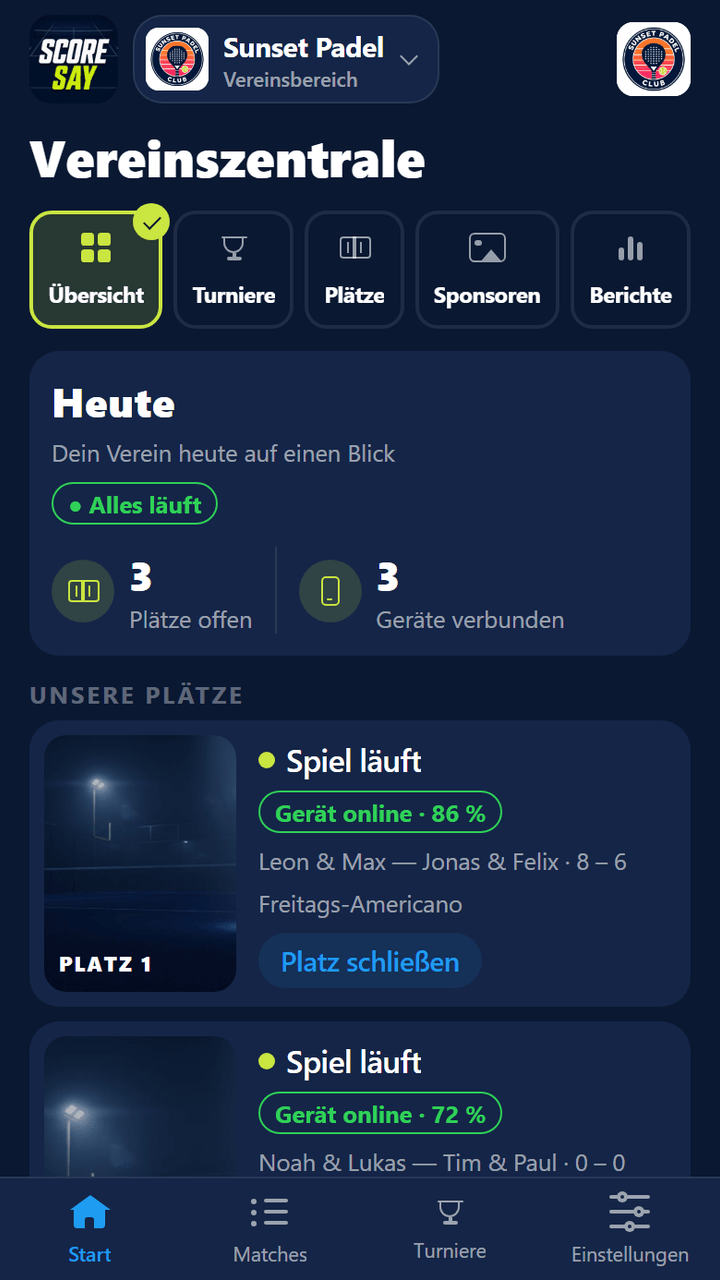 Vereinszentrale: Tagesübersicht, 3 Plätze offen, 3 Geräte verbunden; Live-Spiel 8–6 auf Platz 1, nächstes Spiel auf Platz 2