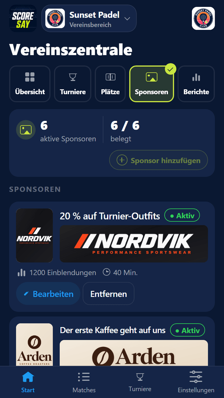 Reiter Sponsoren: 6 aktive Sponsoren, 6/6 Plätze belegt, quadratisches Bild, Banner, Einblendungen und Dauer je Sponsor