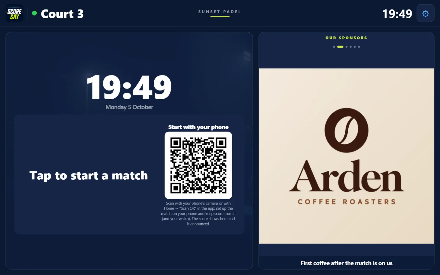 Court 3’s tablet while idle: clock, ‘Tap to start a match’, ‘Start with your phone’ QR code and sponsor showcase
