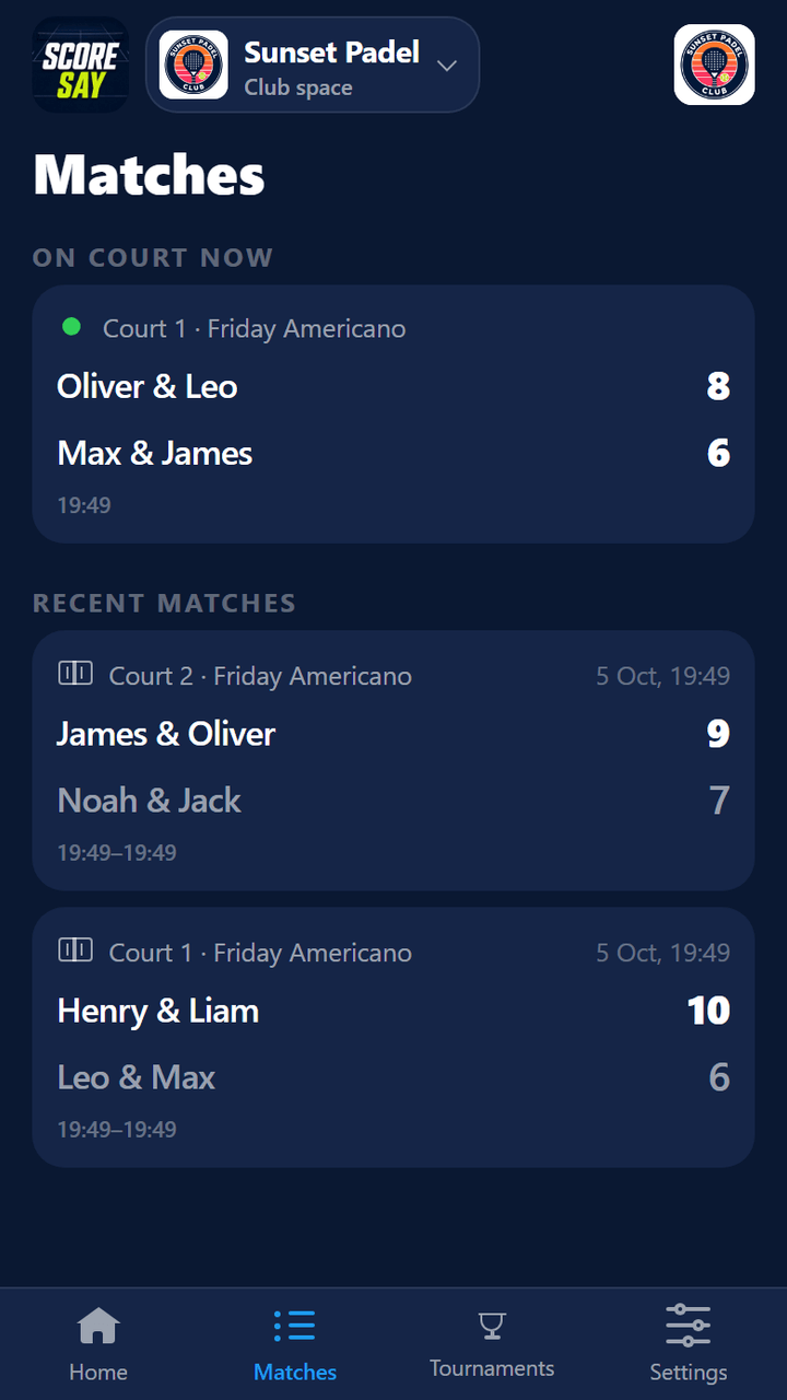 Matches screen: live match on Court 1 right now, two finished tournament matches below