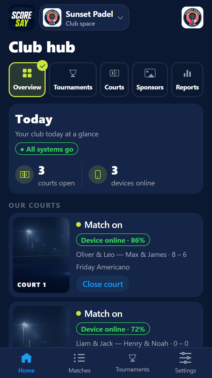 Club hub: today’s overview, 3 courts open, 3 devices connected; live match 8–6 on Court 1, next match on Court 2