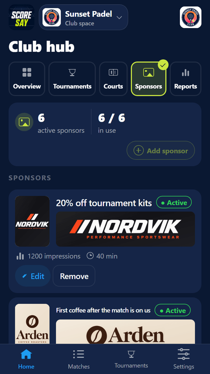 Sponsors tab: 6 active sponsors, 6/6 slots used, square image, banner, impressions and time for each sponsor