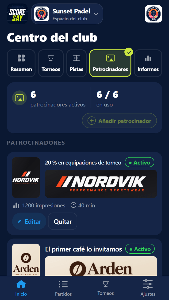 Pestaña Patrocinadores: 6 patrocinadores activos, 6/6 espacios usados, imagen cuadrada, banner, impresiones y tiempo de cada patrocinador