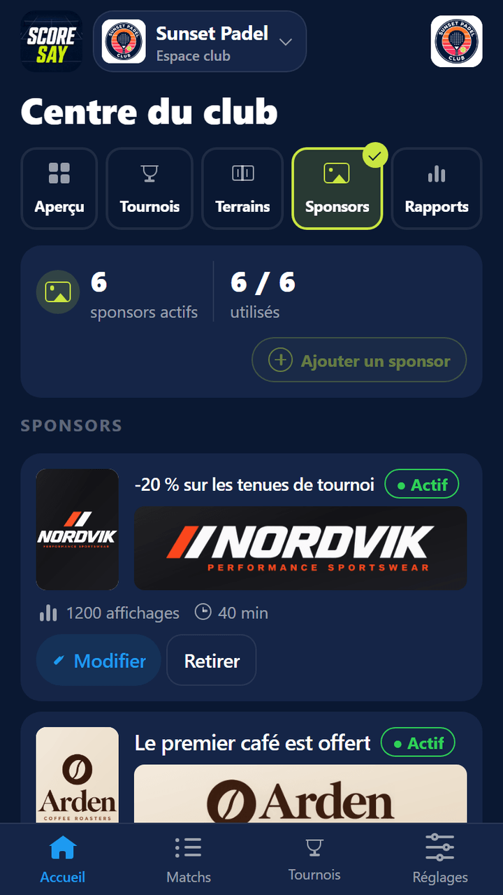 Onglet Sponsors : 6 sponsors actifs, 6/6 emplacements utilisés, visuel carré, bannière, affichages et durée pour chaque sponsor