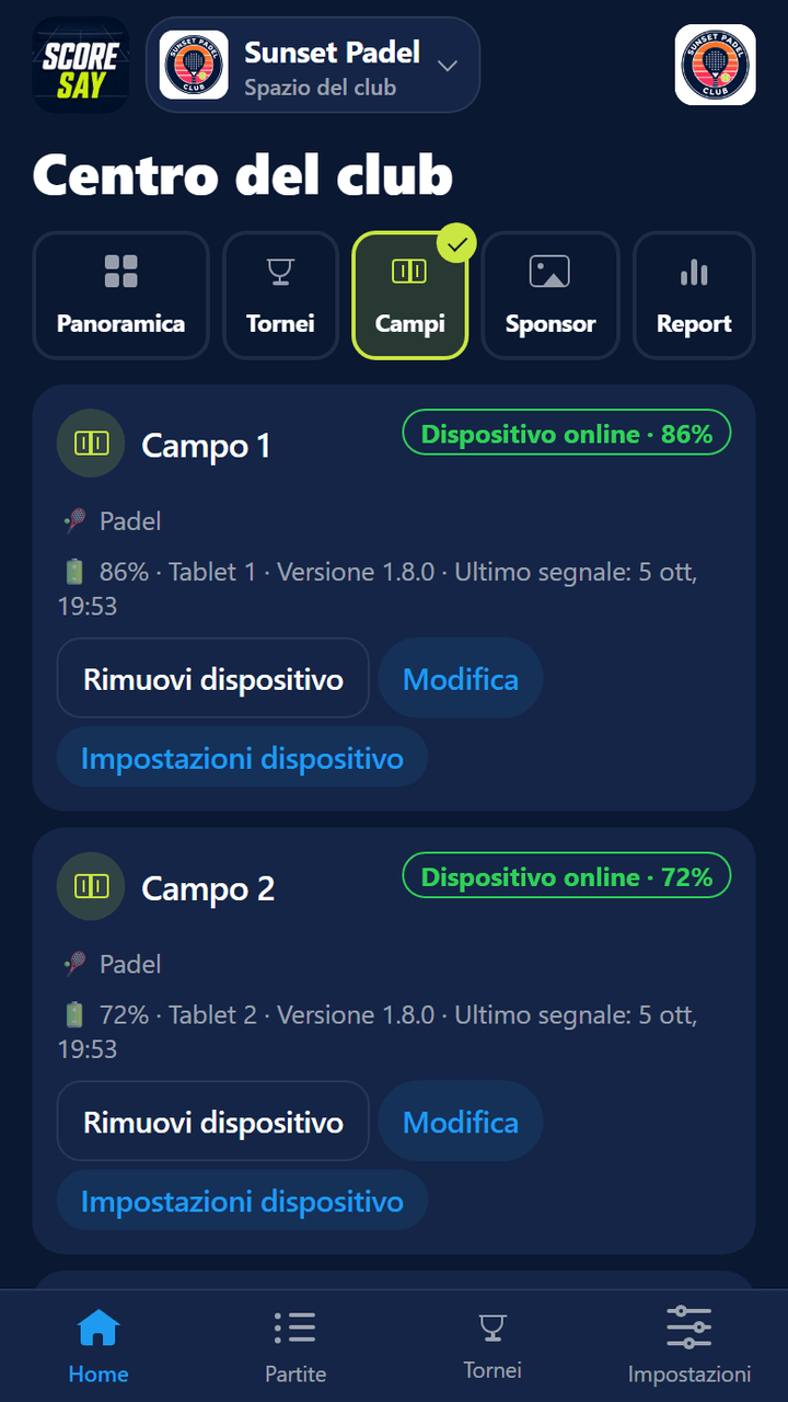 Scheda Campi: badge dispositivo collegato, livello batteria, versione e ora dell’ultimo segnale per ogni campo