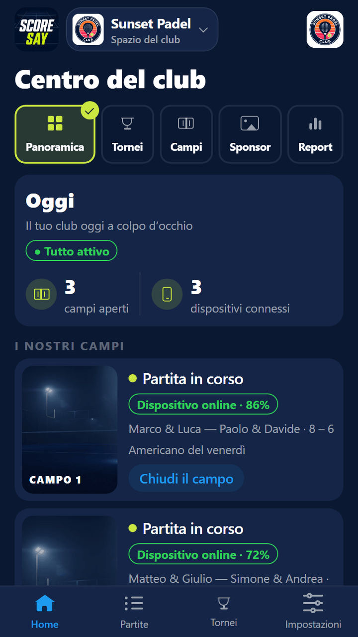 Centro del club: riepilogo di oggi, 3 campi aperti, 3 dispositivi collegati; partita live 8–6 sul campo 1, prossima partita sul campo 2