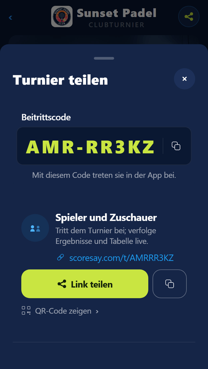 Turnier teilen: großer Beitrittscode, Link zur Live-Anzeige, Teilen-Button und Zeile zum Einblenden des QR-Codes