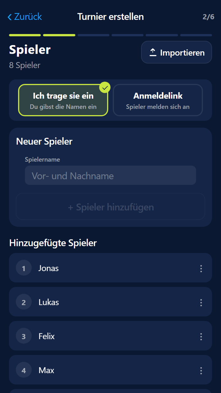Einrichtungsassistent, Schritt Spieler: Spielerliste, Spielerzähler und Namensfeld