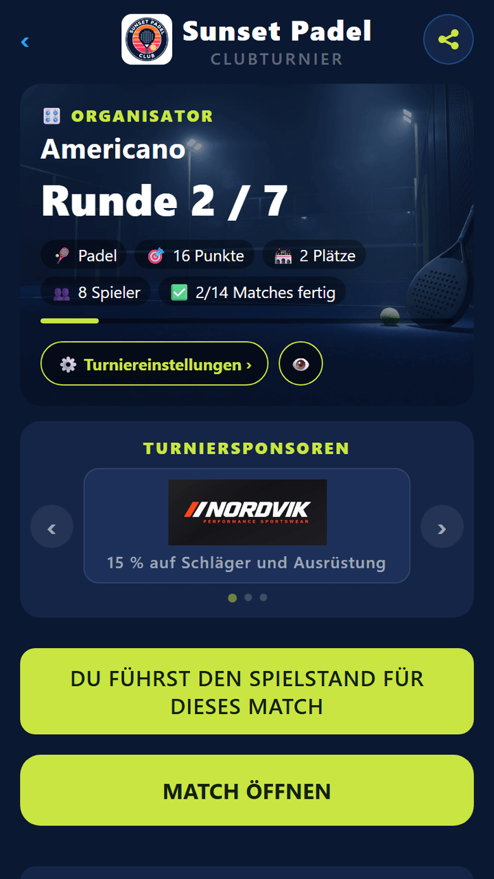 Organisator-Bildschirm: Runde 2 von 7, zwei Plätze, Live-Spielstände und Rangliste