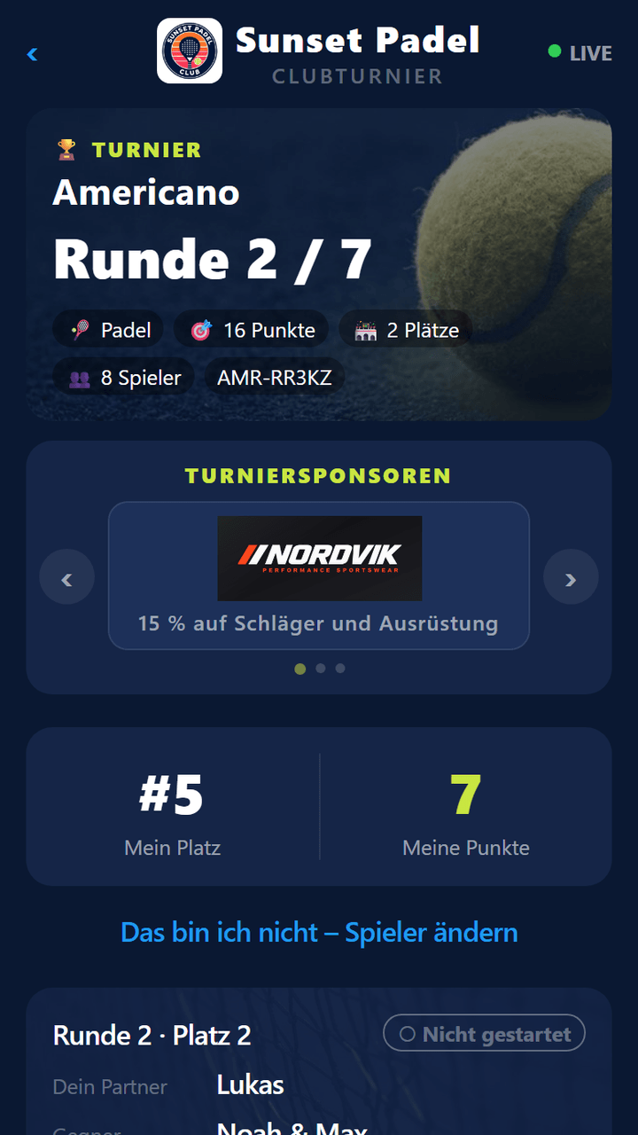 Spieler-Bildschirm: Karte mit meinem Rang und meinen Punkten, Details zum nächsten Spiel