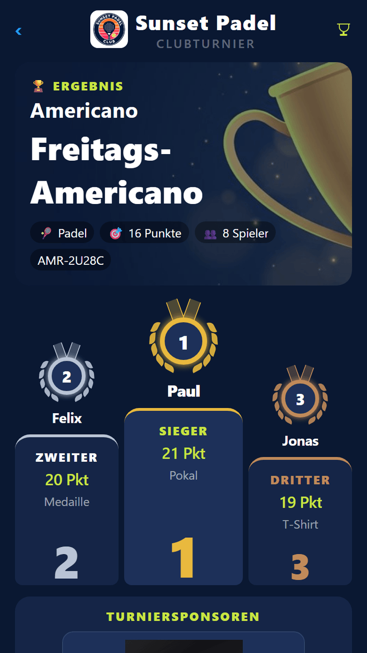 Ergebnisbildschirm: Pokalgrafik, Podiumskarten, Medaillen und Preisnamen