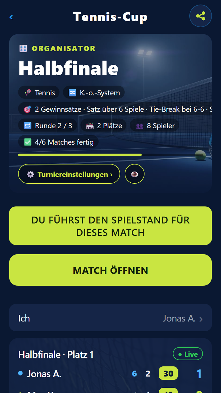 Organisator-Ansicht: Tennis-K.-o., Regel für normale Sätze und ein laufendes Halbfinale